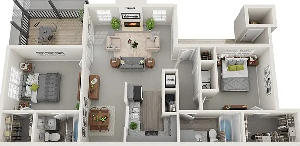 Two Bedroom, Two Bathroom | 1226 sqft, Screened-in Porch, Full Sized Washer/Dryer Connections, Fireplace in Selected Units, Vaulted Ceilings in Selected Units Two Bedroom, Two Bathroom | 1226 sqft, Screened-in Porch, Full Sized Washer/Dryer Connections, F