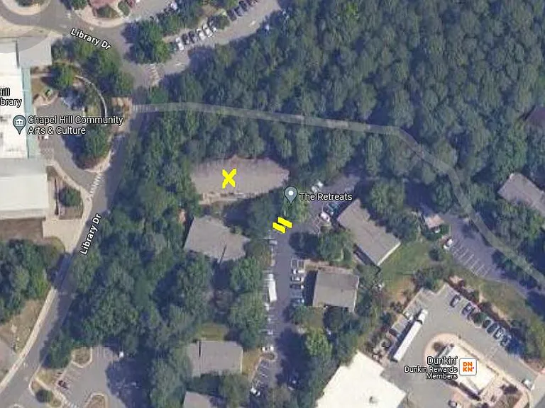 "X" is unit location, the two yellow parallel lines are the parking area and at the right corner is the bus stop on Franklin St. going to campus. Red marker on left is the CH Library.