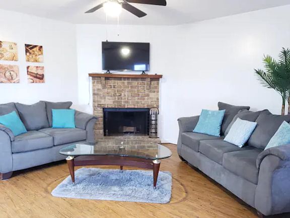 Living room with working fire place