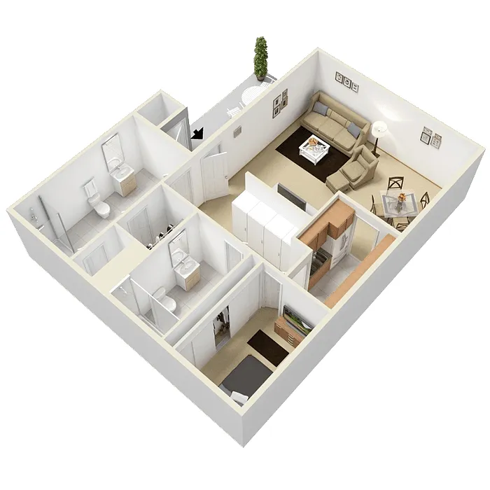 Floor plan Two Bedroom Two Bath - 882 Sq Ft