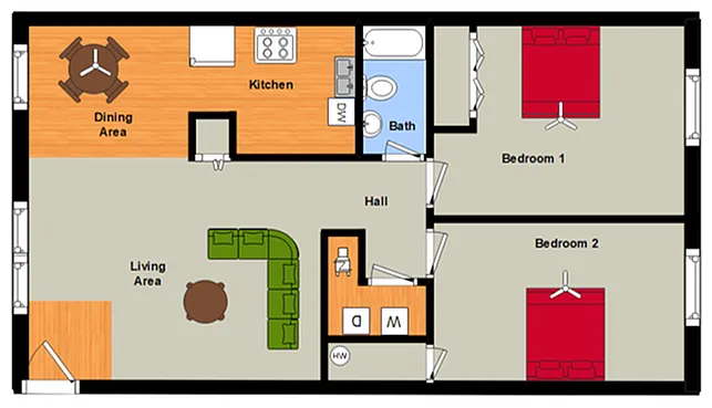 Floor plan 2 Bed, 1 Bath Flat with W/D Hook-Up