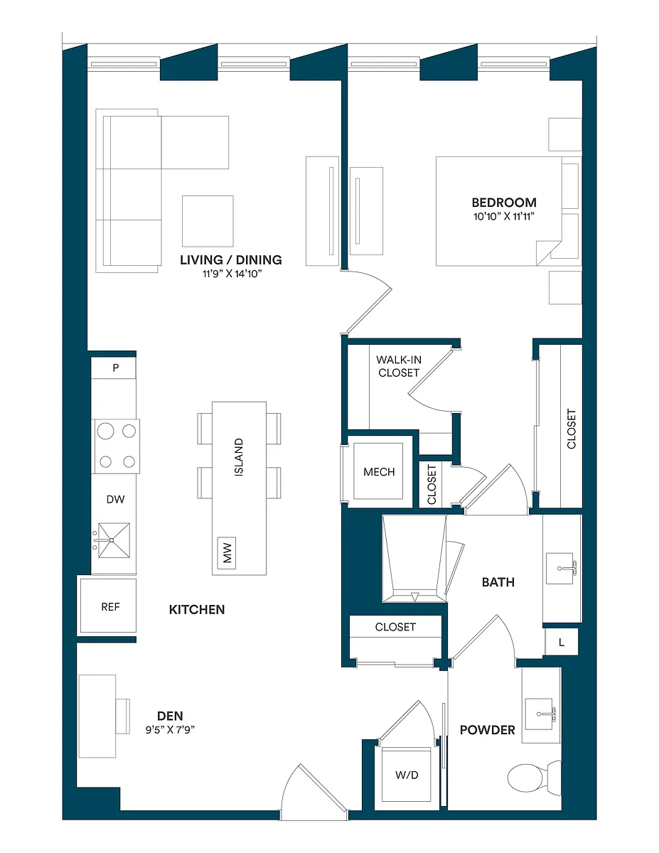 Floor plan 1 Bed/1.5 Bath Den-F TYP 12