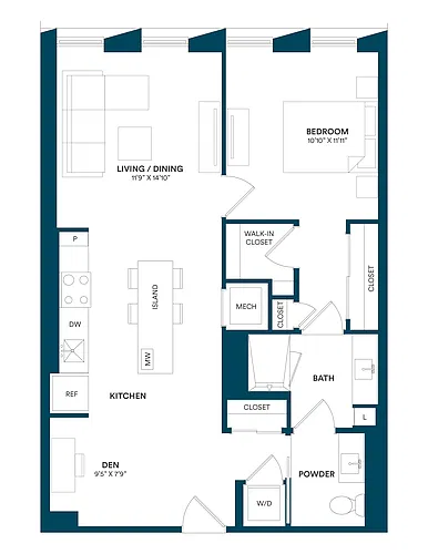 Floor plan 1 Bed/1.5 Bath Den-F TYP 12