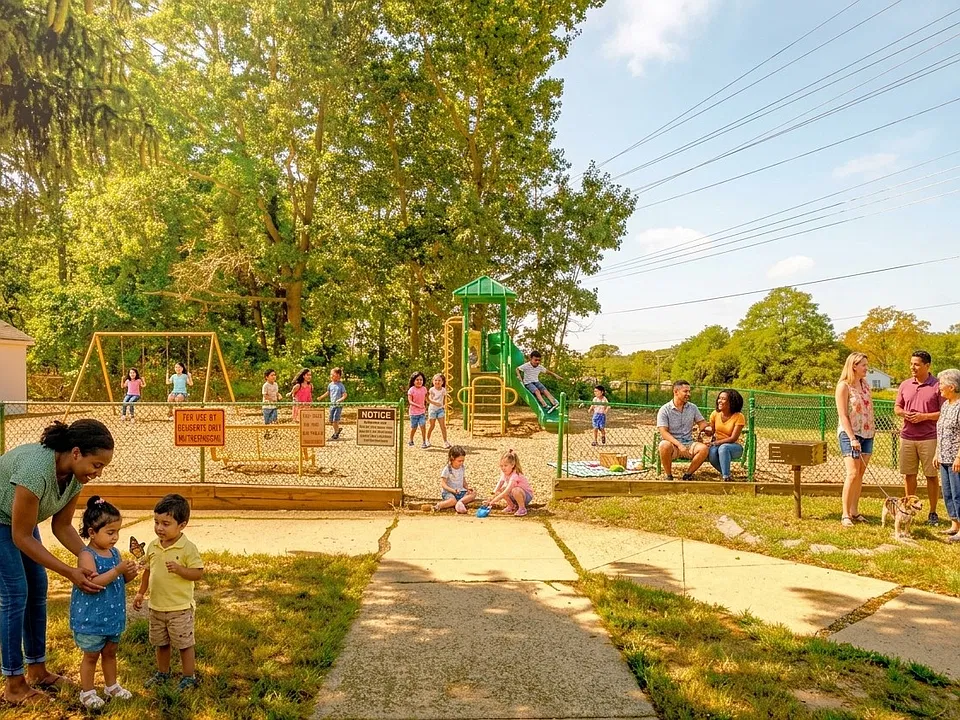 Relax by the playground at Woodmere Apartments, where shaded paths and outdoor seating create space to unwind. Contact us today to learn more.