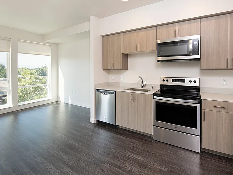 Open concept kitchen with light European style cabinetry | 787 The Alameda | Apartments for rent in San Jose, CA