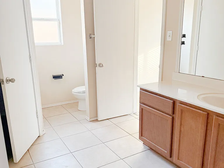 Master bathroom other side with 1 of sinks, toilet around the corner & other large clothes closets.