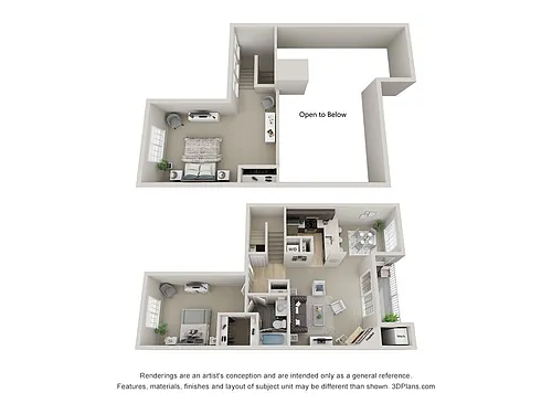 Floor plan Two Bedroom, One Bath Loft (B2