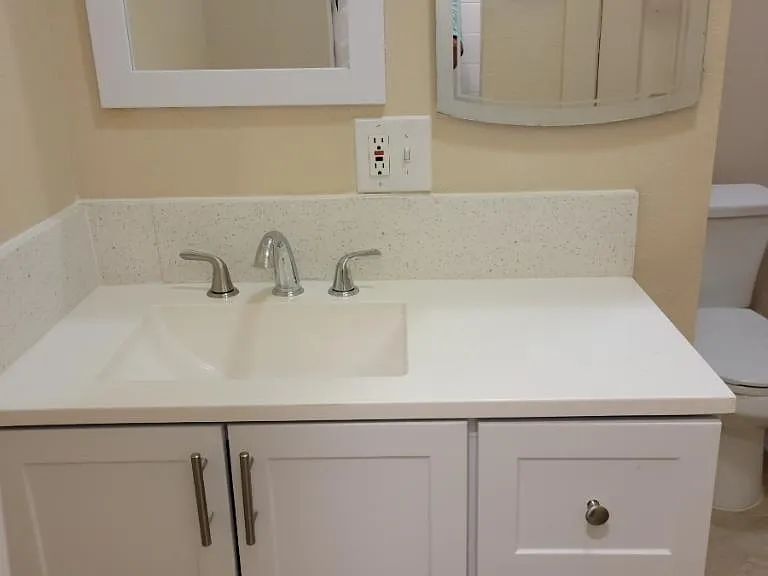 Separate water closet next to vanity sink and mirror