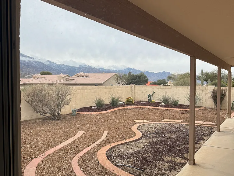 View out primary bedroom to backyard and covered patio. Sliding glass door access.