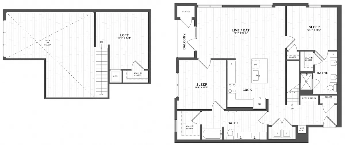 Floor plan 2 Bed/2 Bath Loft-B1.1L