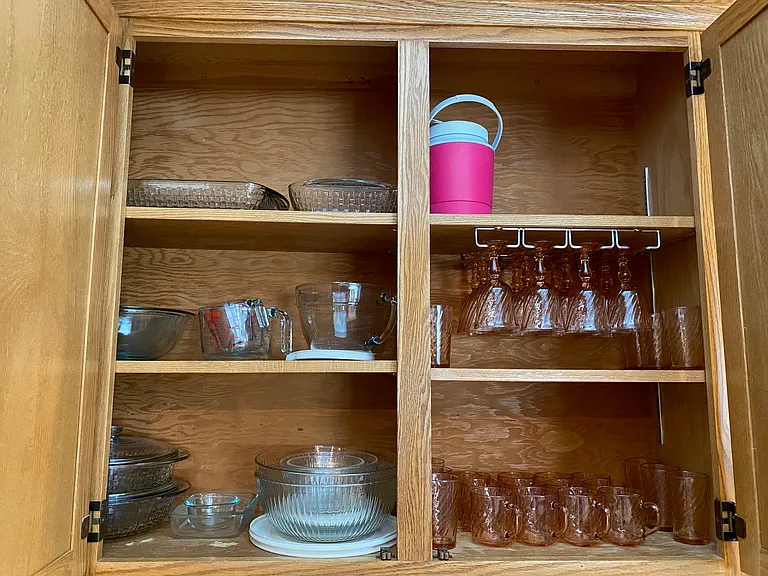 122 Kit Beverageware Cabinet interior of Mugs, Cups, & Stemware w/Pyrex on LT side
