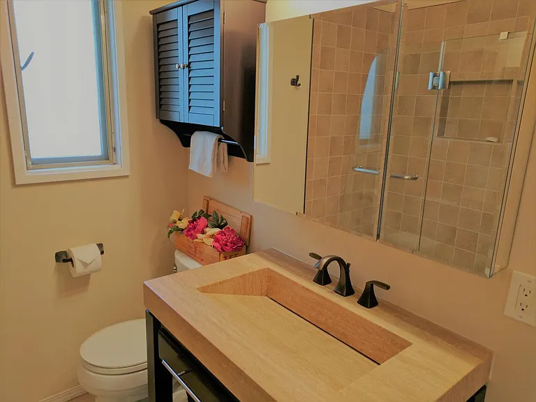 2nd Bath: Modern vanity, mirror medicine cabinet for storage