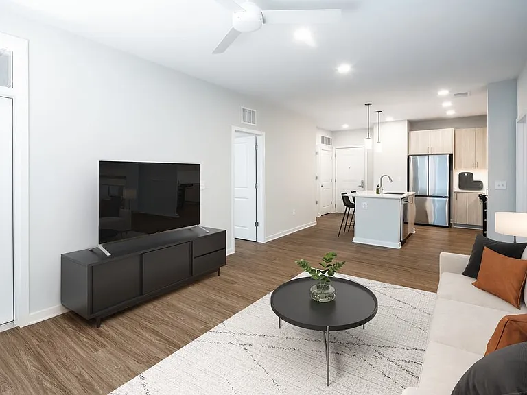 Design Collection II kitchen and living room with hard surface flooring