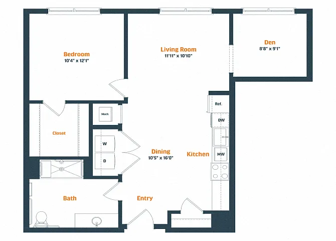 Floor plan A20D HP | 1 Bed | 1 Bath | Den