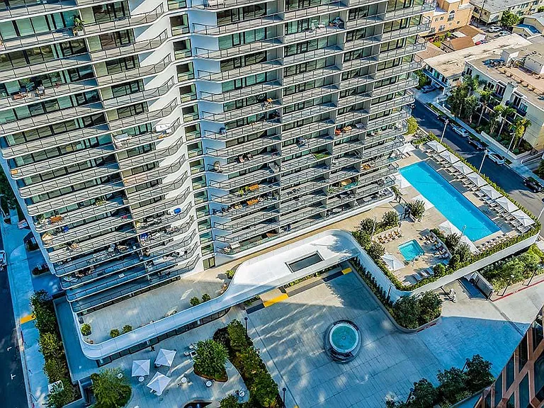 aerial view of entrance and pool level