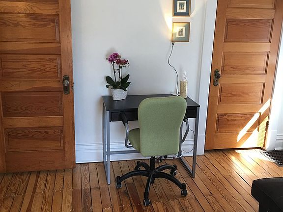 Computer work station. wifi. tv. refinished pine doors rest