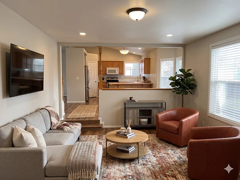 Family room (staged), looking towards kitchen.