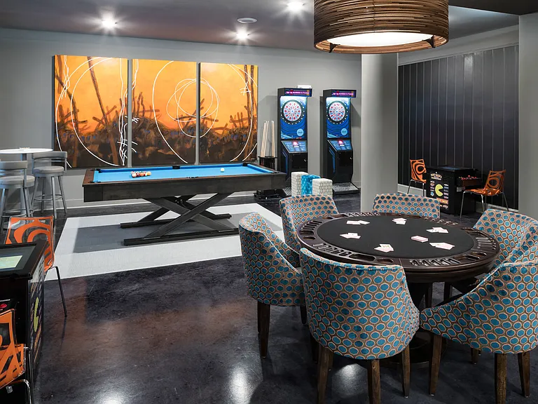 Game Room with Billiards, Shuffleboard, Darts, Vintage Arcade Gaming System, Poker and TVs