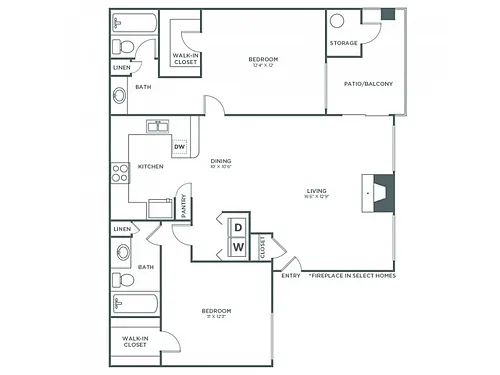 Floor plan 2 Bedroom 2 Bath B - Classic
