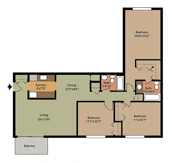 Floor plan 3 Bedroom 2 Full Baths w-Patio or w-Balcony