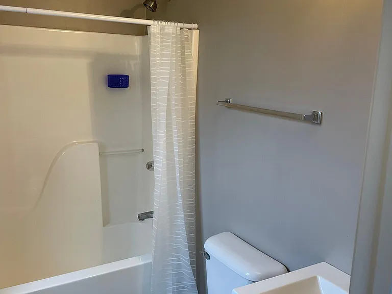 Full bath off of rear room in lower level. New luxury vinyl tile, paint, vanity, top and light fixture.