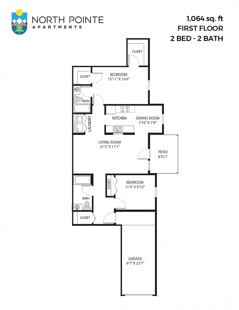 Floor plan 2 Bed, 2 Bath - 1,064 sq ft