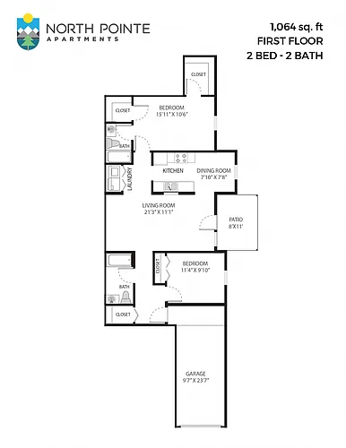 Floor plan 2 Bed, 2 Bath - 1,064 sq ft