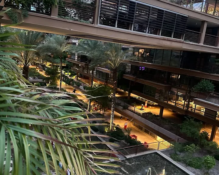 Patio overlooks fountains and promenade