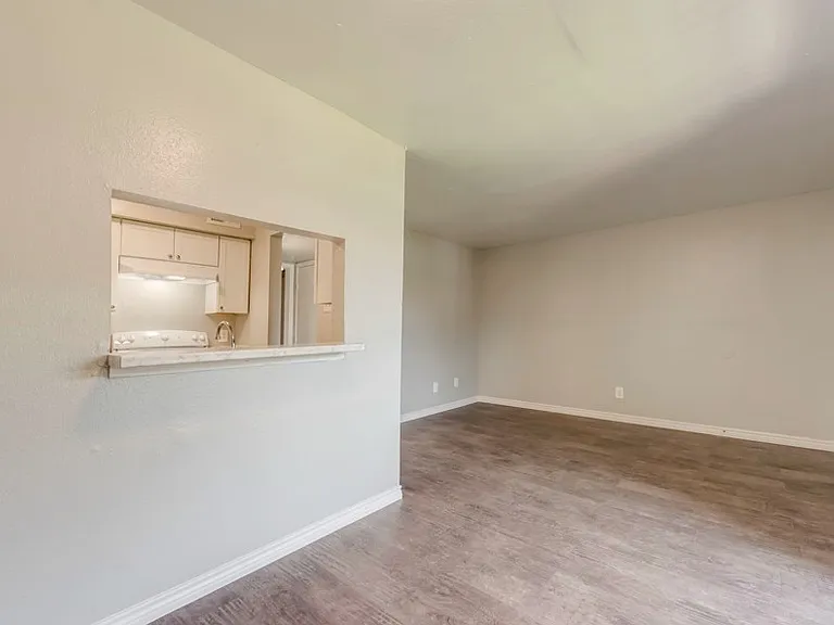 Open-concept kitchen with pass-through and dining space