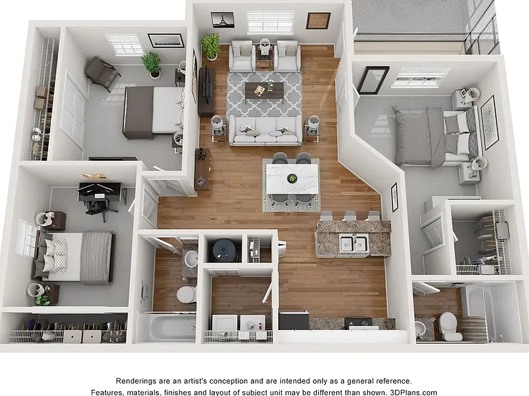 A 3D floor plan rendering of The Mediterranean