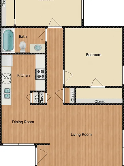 2 Bed 1 Bath Floorplan Diagram