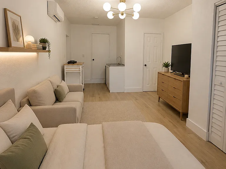 "Virtually staged view from the sleeping area toward the kitchenette, illustrating one possible furniture layout. Furniture and placement are shown to scale to provide a realistic sense of the available space. Furniture not included.
