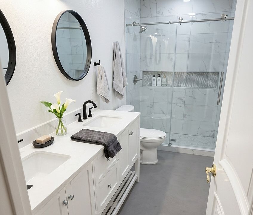 guest bathroom with double sink