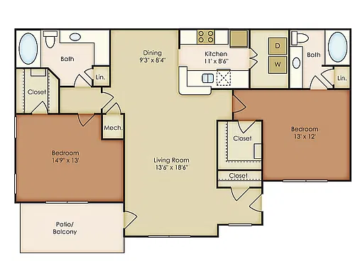 Floor plan 2 Bed, 2 Bath D