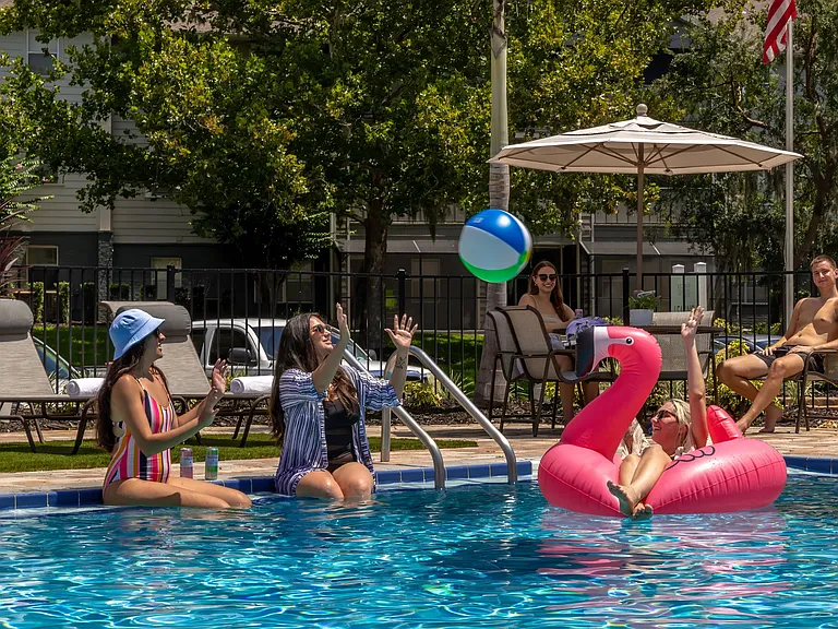 Dive into joy with friends and family at our sparkling swimming pool.