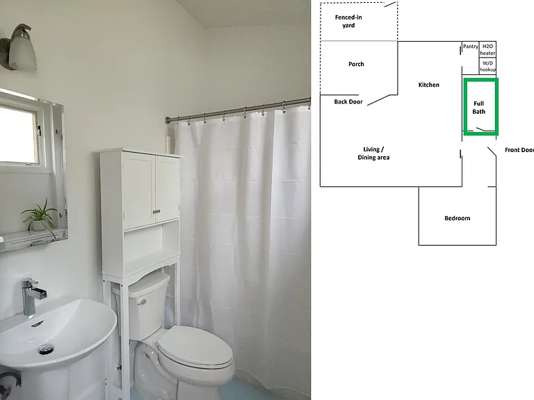 Full bathroom with shower, tub; storage 
Floor plan with full bath highlighted