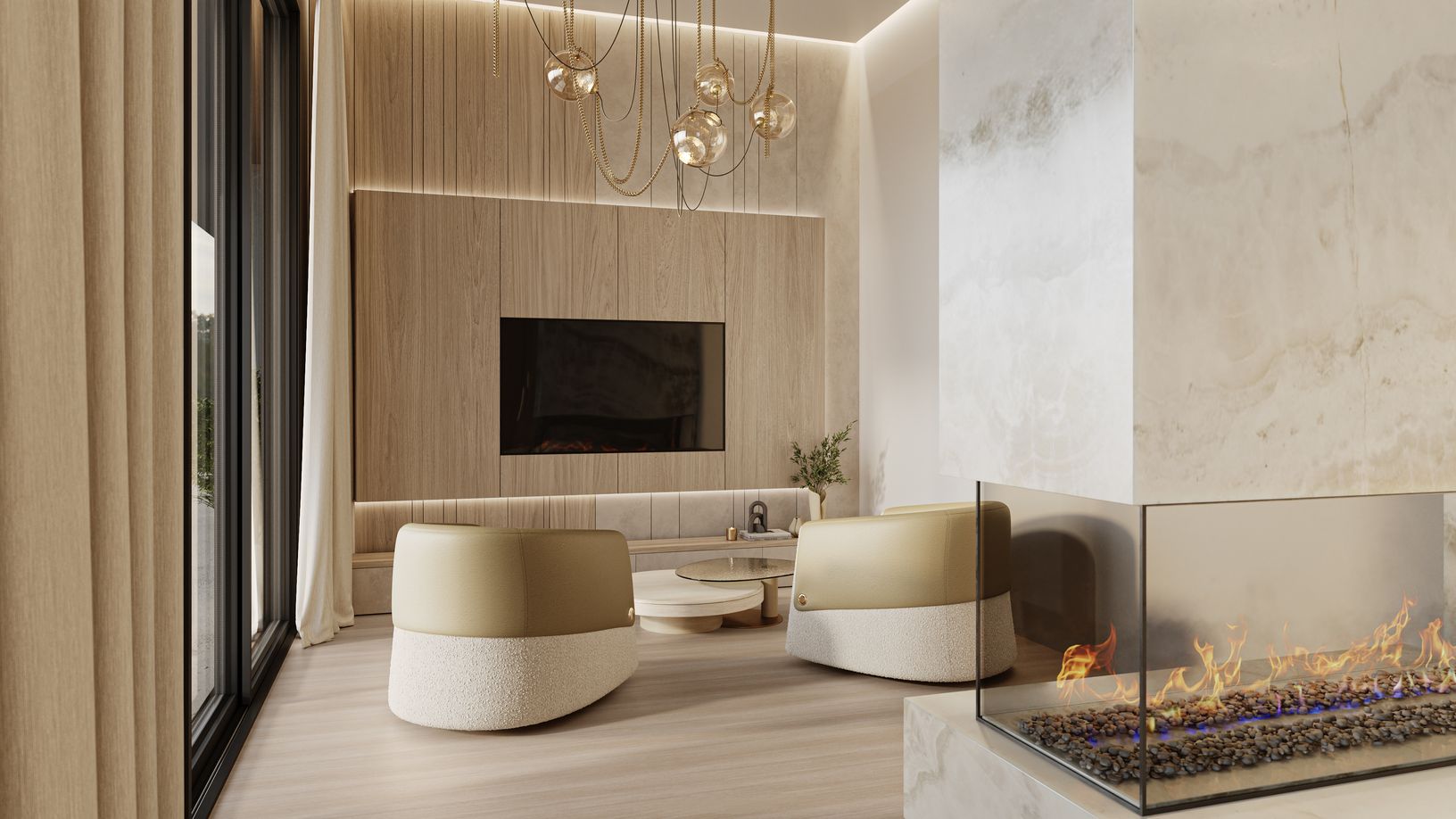 A refined lounge area centers around the fireplace, complemented by a built-in bar in the primary.