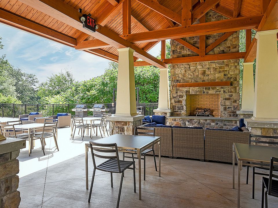 Outdoor resident lounge with fireplace