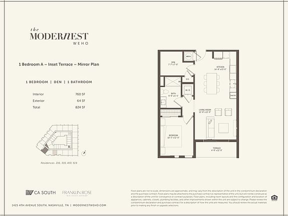 Modernest WeHo 1 Bedroom A - Inset Terrace - Mirror Plan