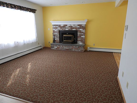 Living room with wood burning fireplace
