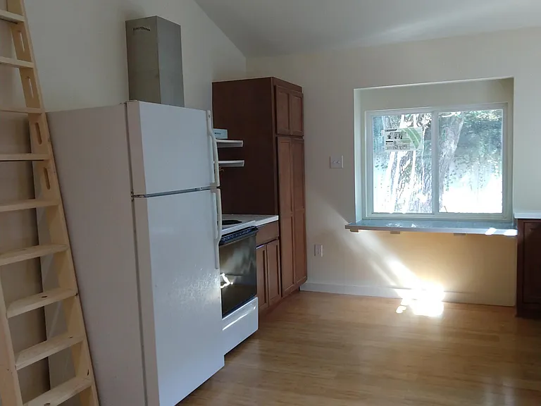 Kitchen area - refrigerator, stove, pantry cabinet, and ladder to loft