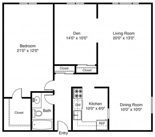 Floor plan 1 Bed 1 Bath Den