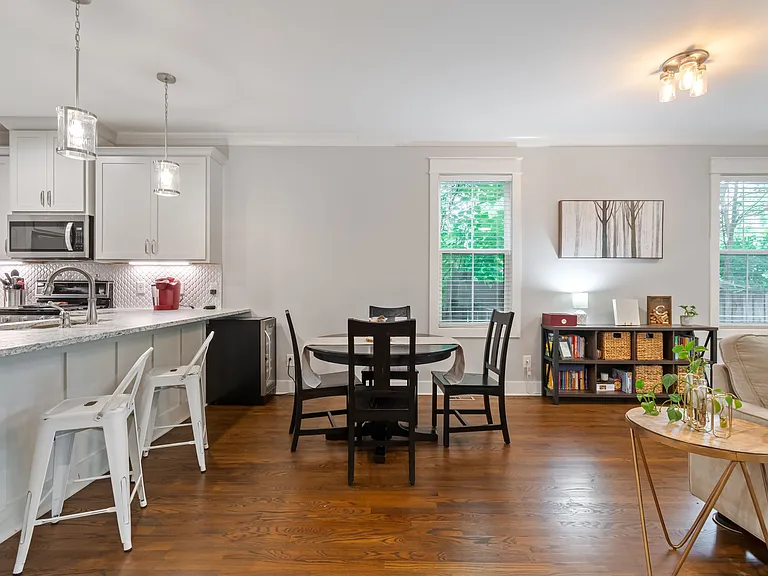Barstools, dining set, bookshelf remain.