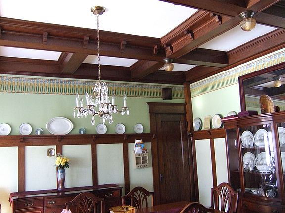 Dining Room wainscotting and box beam ceiling, arts and crafts stencil