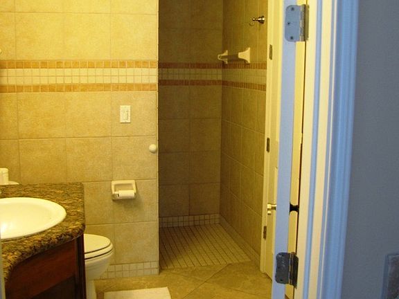 Master Bath with large walk-in shower. View over looking the Arroyo from Master Bedroom.