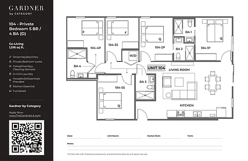 Floor plan 104 - Private Bedroom in 5 BR/ 4 BA (D)