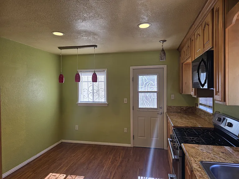 In kitchen eating area