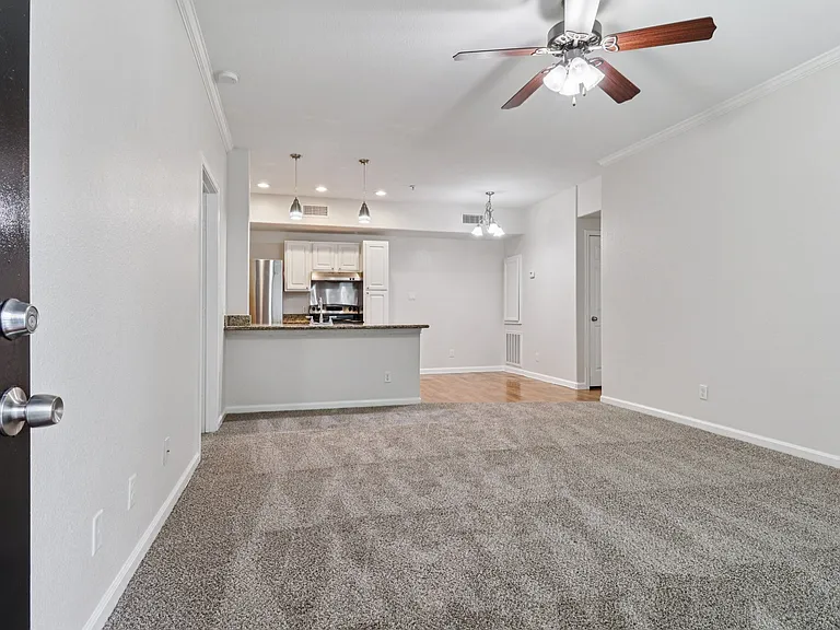 Inviting open-concept living space with plush carpet and ceiling fan, overlooking a modern kitchen with sleek appliances. Inviting open-concept living space with plush carpet and ceiling fan, overlooking a modern kitchen with sleek appliances.