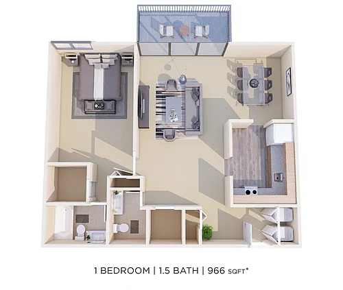 Floor plan One Bedroom 1.5 Bath - 966 sqft