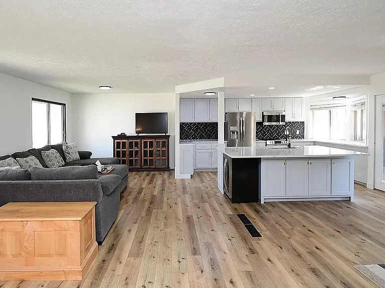 Living area with kitchen and dining space.